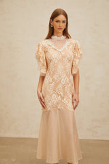 Giuliana Midi Dress - Mock Neck - Ruffled Batwing Sleeves - Floral Lace - Bead Embellishment - Mermaid Hem