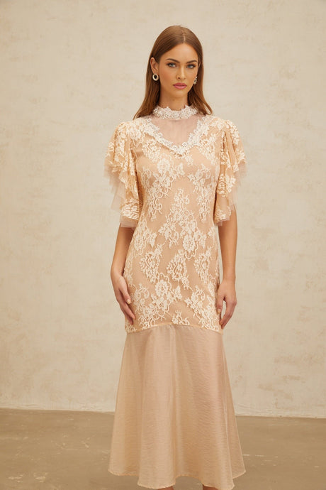 Giuliana Midi Dress - Mock Neck - Ruffled Batwing Sleeves - Floral Lace - Bead Embellishment - Mermaid Hem
