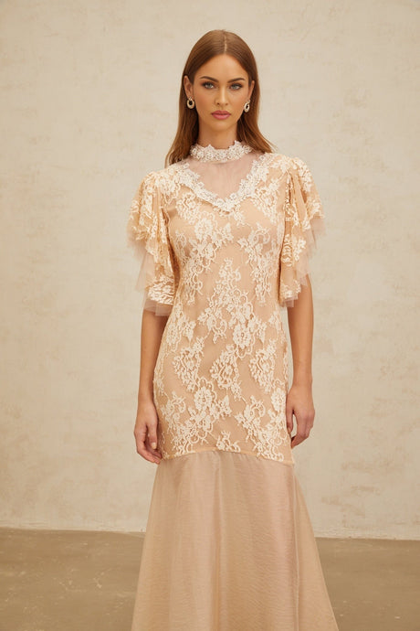 Giuliana Midi Dress - Mock Neck - Ruffled Batwing Sleeves - Floral Lace - Bead Embellishment - Mermaid Hem