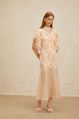 Giuliana Midi Dress - Mock Neck - Ruffled Batwing Sleeves - Floral Lace - Bead Embellishment - Mermaid Hem