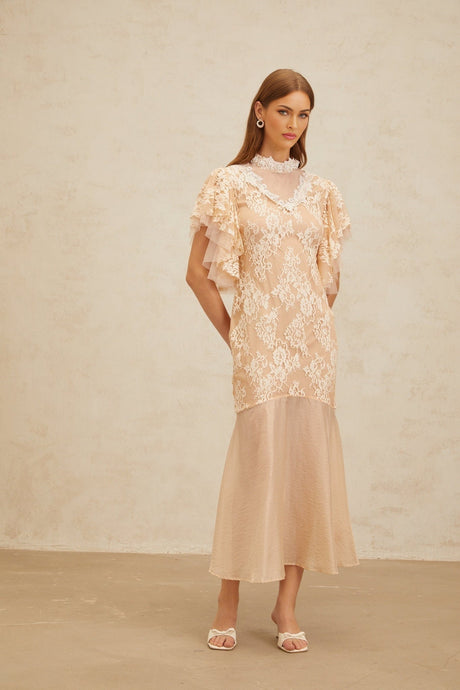 Giuliana Midi Dress - Mock Neck - Ruffled Batwing Sleeves - Floral Lace - Bead Embellishment - Mermaid Hem