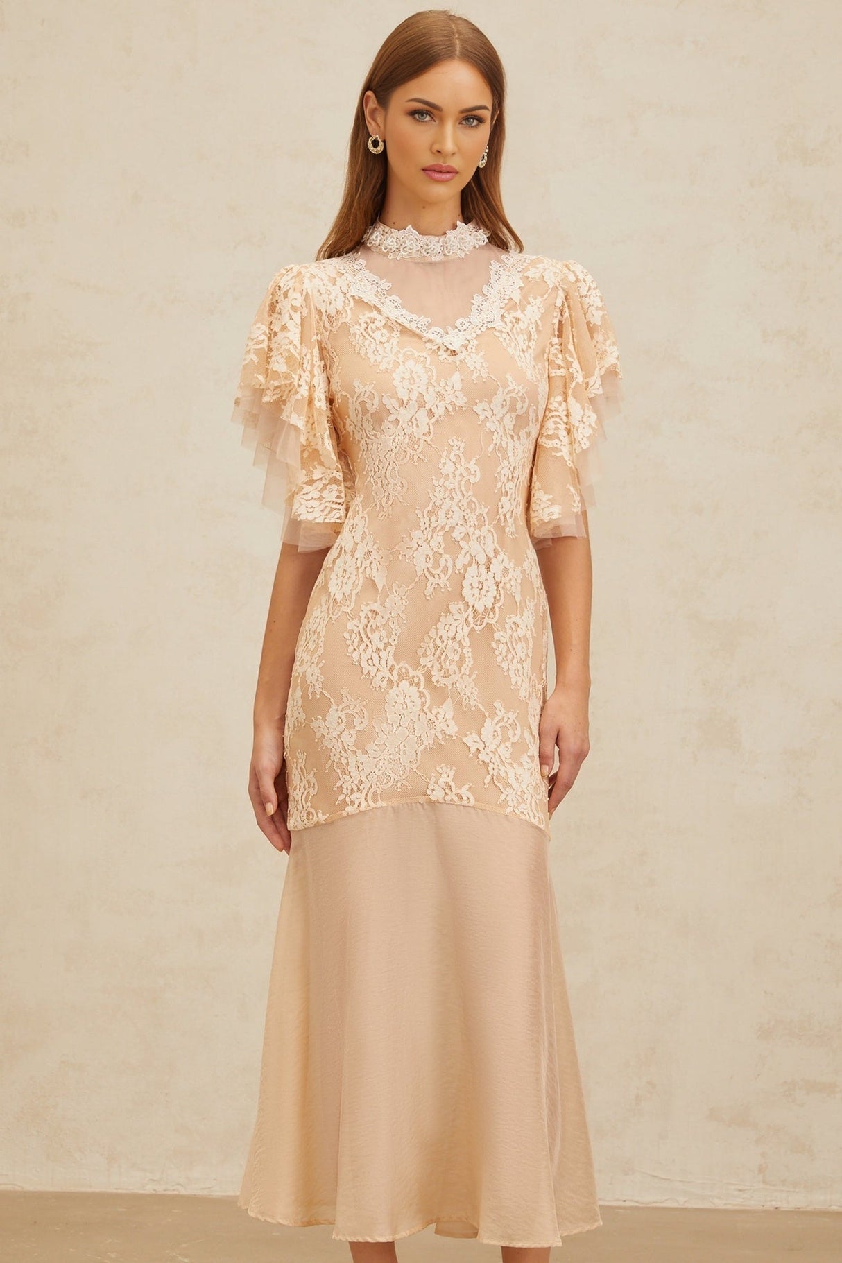 Giuliana Midi Dress - Mock Neck - Ruffled Batwing Sleeves - Floral Lace - Bead Embellishment - Mermaid Hem