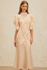 Giuliana Midi Dress - Mock Neck - Ruffled Batwing Sleeves - Floral Lace - Bead Embellishment - Mermaid Hem