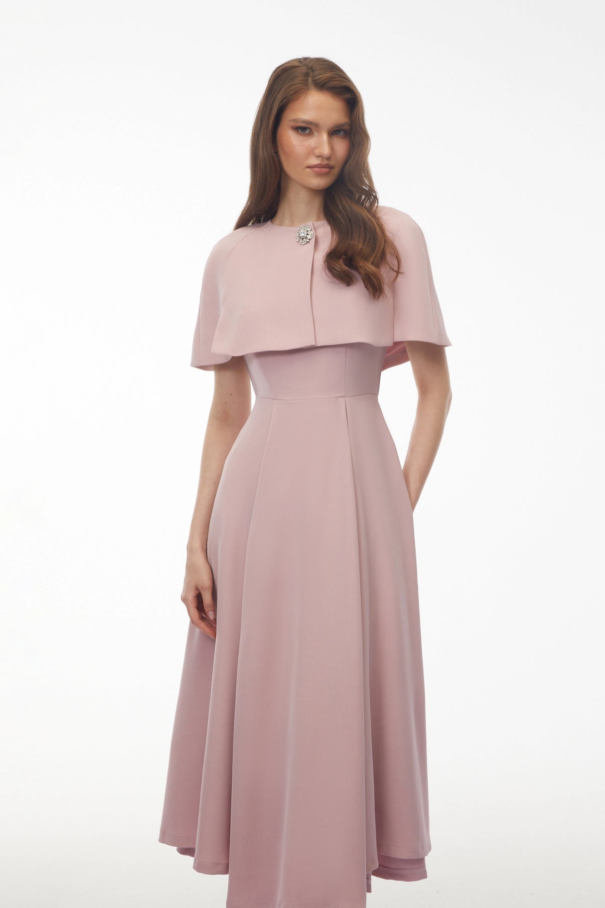 Giuliana Pink Solid Cape  Midi Dress Set