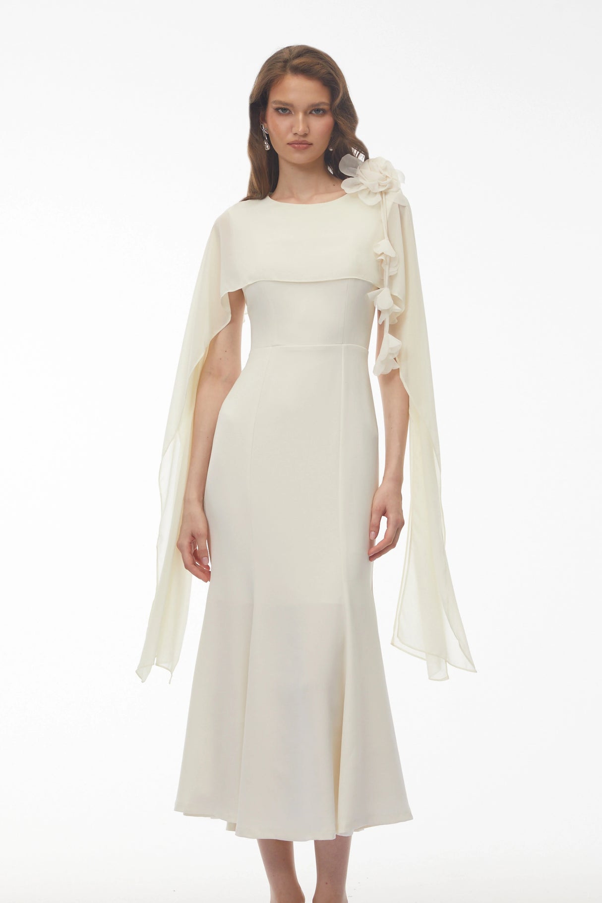 Giuliana White Midi Dress with Cape Sleeves and 3D Florals