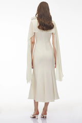 Giuliana White Midi Dress with Cape Sleeves and 3D Florals