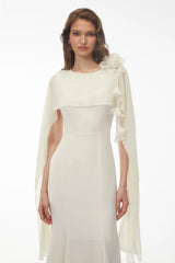 Giuliana White Midi Dress with Cape Sleeves and 3D Florals