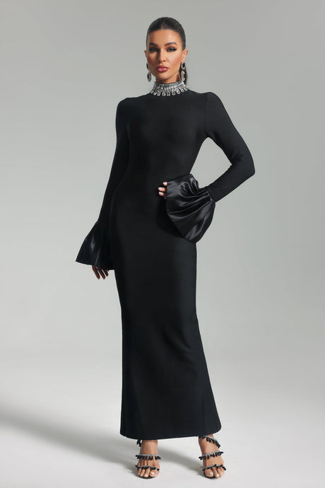 Giulietta Black Bell Sleeve Diamante Detail Maxi Dress