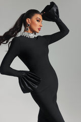 Giulietta Black Bell Sleeve Diamante Detail Maxi Dress