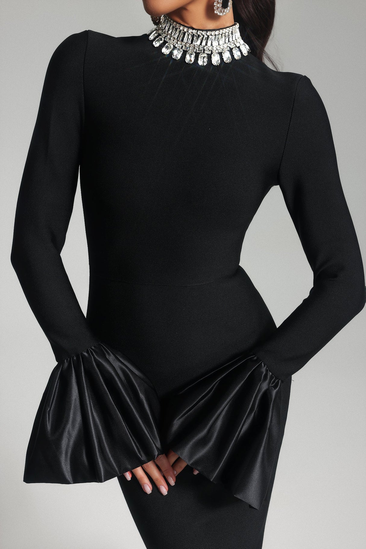Giulietta Black Diamante High Neck Bell Sleeve Maxi Dress