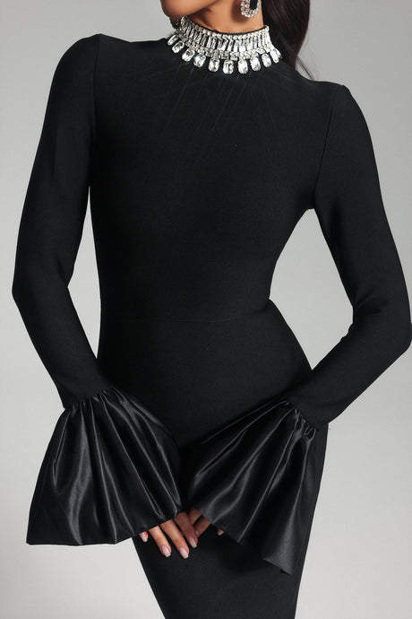 Giulietta Black Diamante High Neck Bell Sleeve Maxi Dress