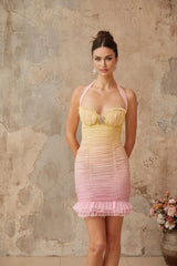 Giulietta Mini Dress Yellow & Pink Halter - neck Ruched Crystal Plaque Gradient Ruffle