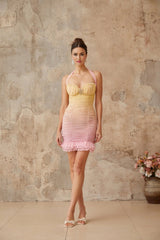 Giulietta Mini Dress Yellow & Pink Halter - neck Ruched Crystal Plaque Gradient Ruffle