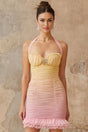 Giulietta Mini Dress Yellow & Pink Halter - neck Ruched Crystal Plaque Gradient Ruffle