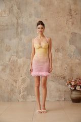 Giulietta Mini Dress Yellow & Pink Halter - neck Ruched Crystal Plaque Gradient Ruffle