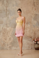 Giulietta Mini Dress Yellow & Pink Halter - neck Ruched Crystal Plaque Gradient Ruffle