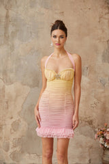 Giulietta Mini Dress Yellow & Pink Halter - neck Ruched Crystal Plaque Gradient Ruffle