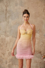 Giulietta Mini Dress Yellow & Pink Halter - neck Ruched Crystal Plaque Gradient Ruffle