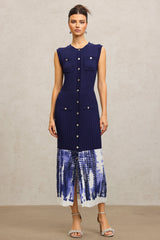 Giuseppina Blue Ribbed Bodice Pleated Skirt Dress with Button Embellishments and Pockets