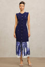 Giuseppina Blue Ribbed Bodice Pleated Skirt Dress with Button Embellishments and Pockets