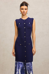 Giuseppina Blue Ribbed Bodice Pleated Skirt Dress with Pockets and Button Embellishments