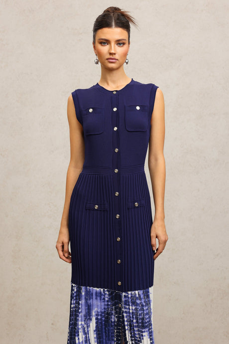Giuseppina Blue Ribbed Bodice Pleated Skirt Dress with Pockets and Button Embellishments