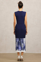 Giuseppina Blue Ribbed Bodice Pleated Skirt Dress with Button Embellishments and Pockets