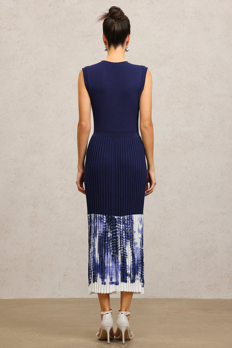 Giuseppina Blue Ribbed Bodice Pleated Skirt Dress with Button Embellishments and Pockets
