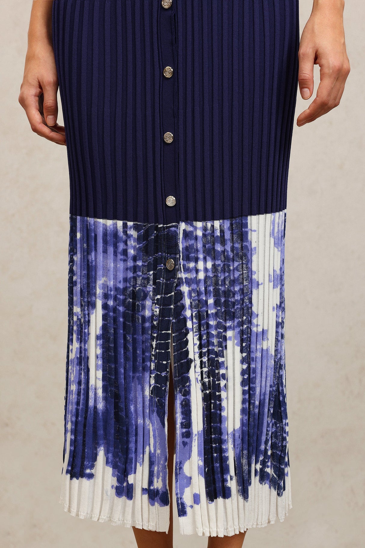Giuseppina Blue Ribbed Pleated Dress with Button Embellishments and Pockets