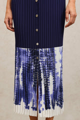 Giuseppina Blue Ribbed Pleated Dress with Button Embellishments and Pockets