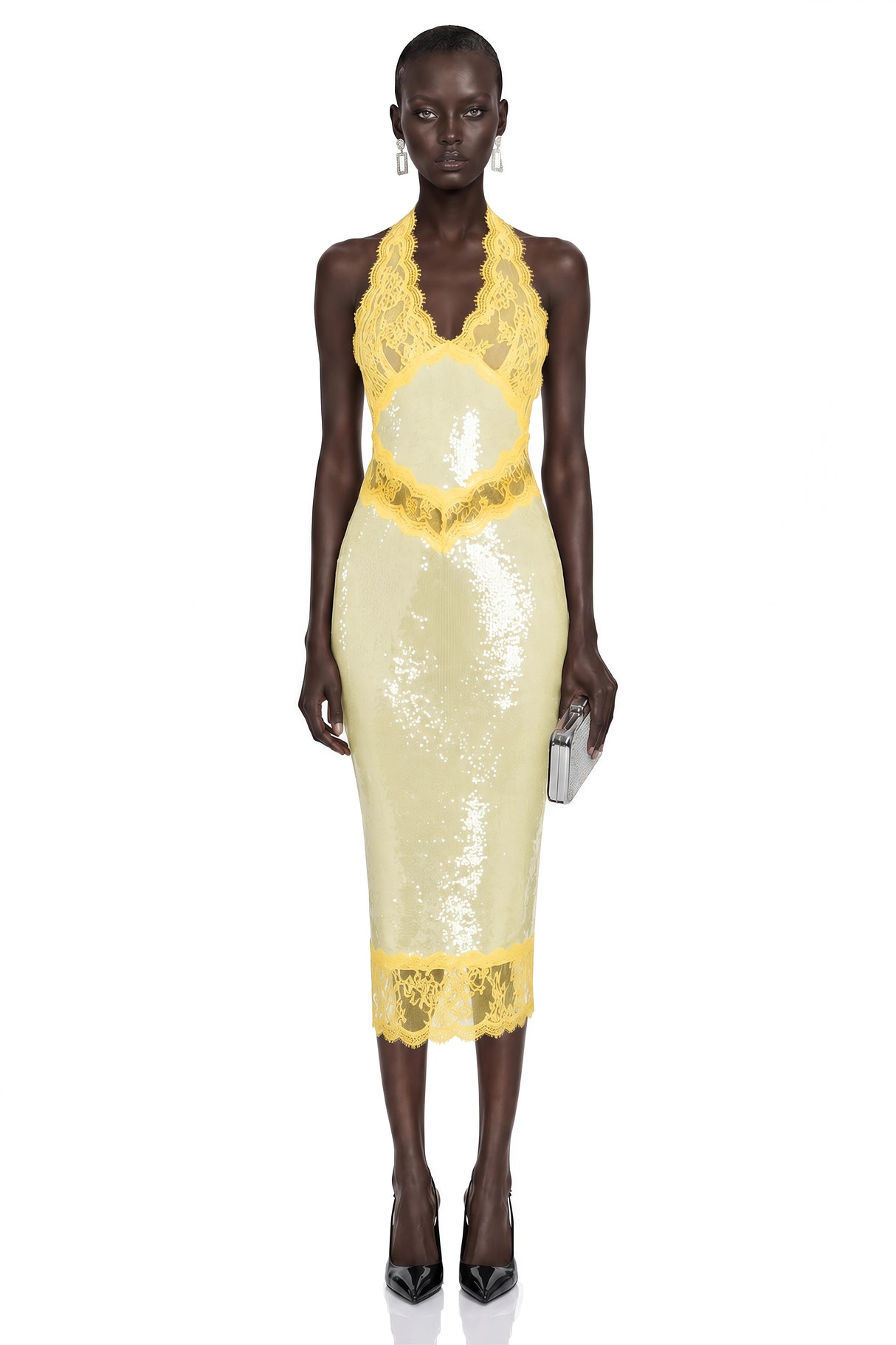 Gizem Yellow Sequin Midi Dress with Lace Panels