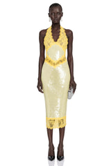 Gizem Yellow Sequin Midi Dress with Lace Panels