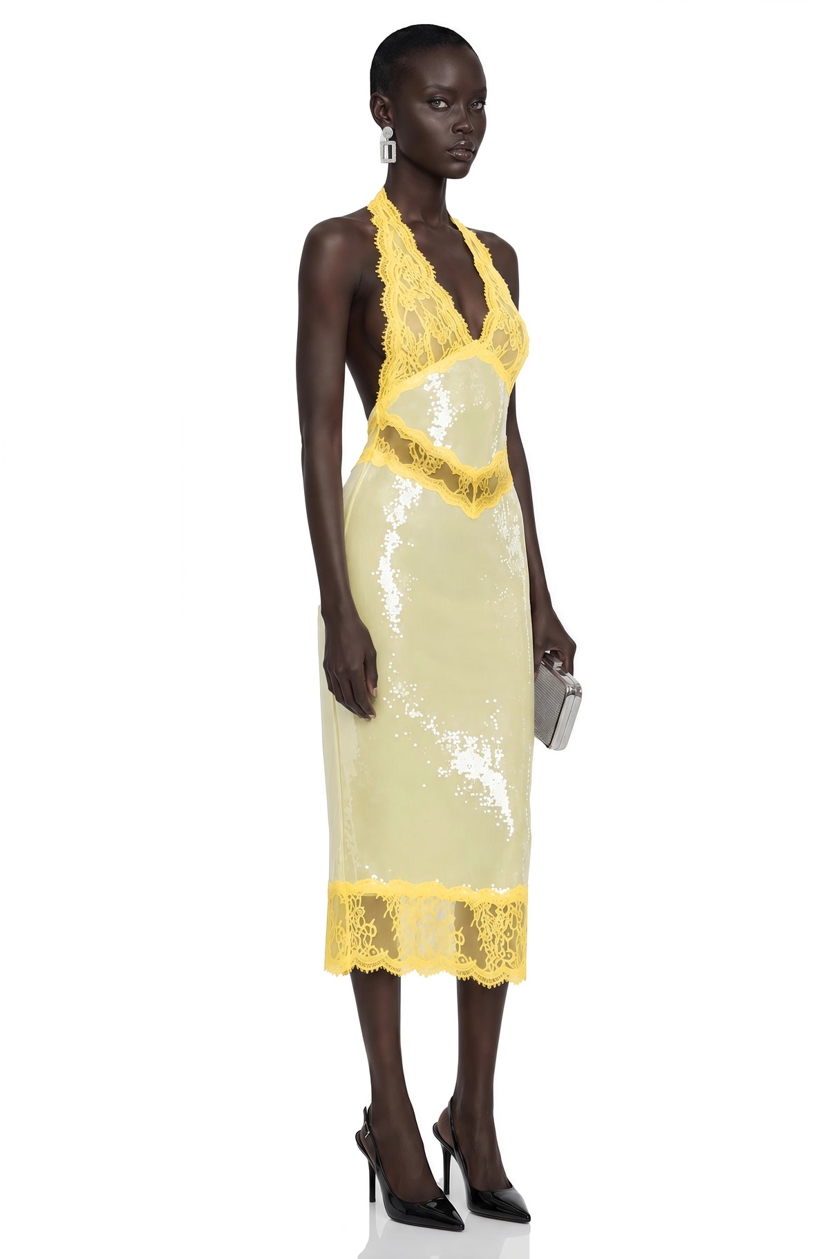Gizem Yellow Sequin Midi Dress with Lace Panels
