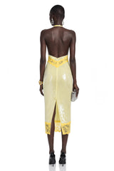 Gizem Yellow Sequin Midi Dress with Lace Panels
