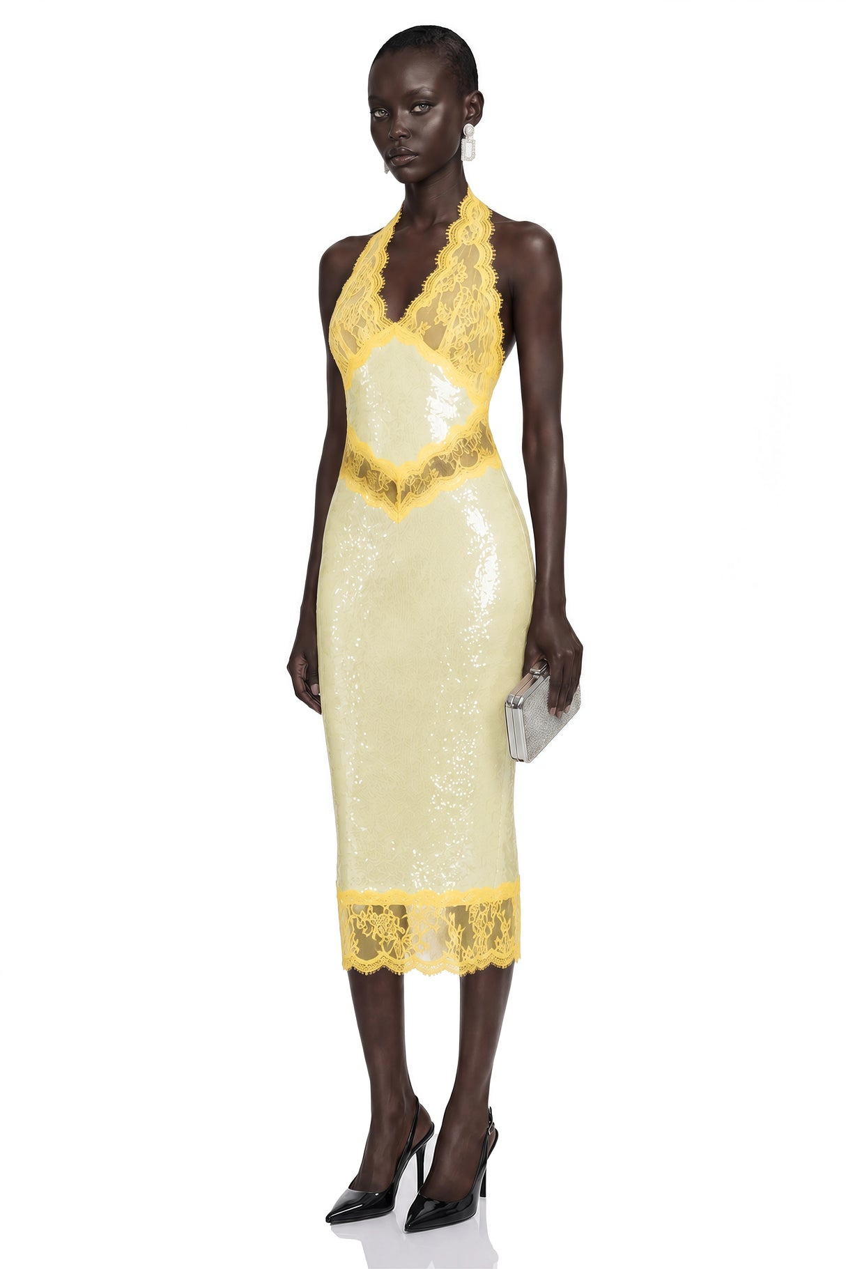 Gizem Yellow Sequin Midi Dress with Lace Panels