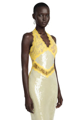 Gizem Yellow Sequin Midi Dress with Lace Panels