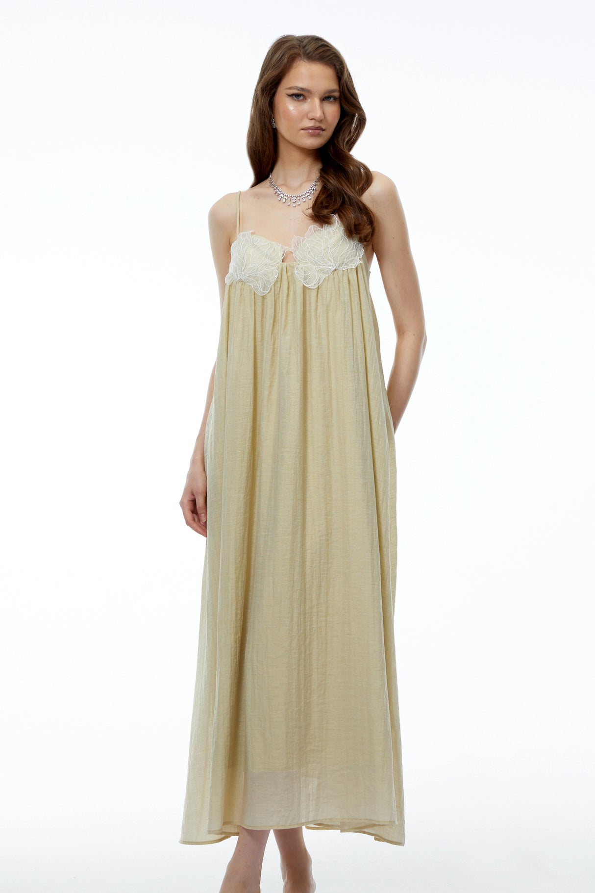 Gladys Neutral Ruched Maxi Dress with 3D Florals