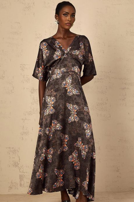 Glannon Womens Black SelfTie Butterfly Print Maxi Dress