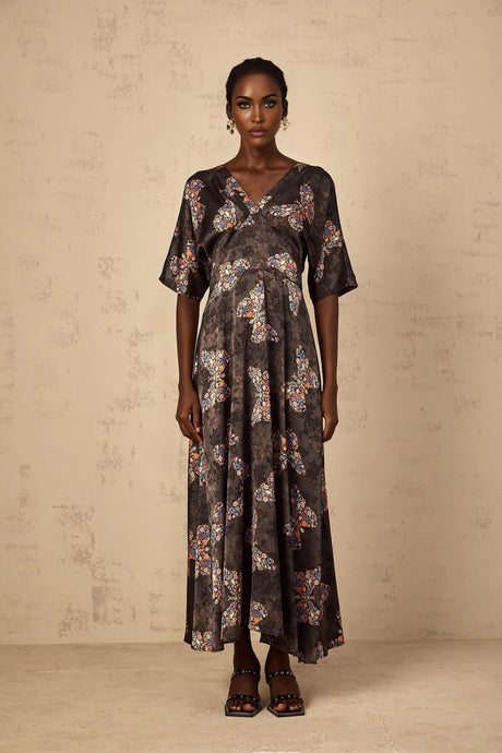Glannon Womens Black SelfTie Butterfly Print Maxi Dress