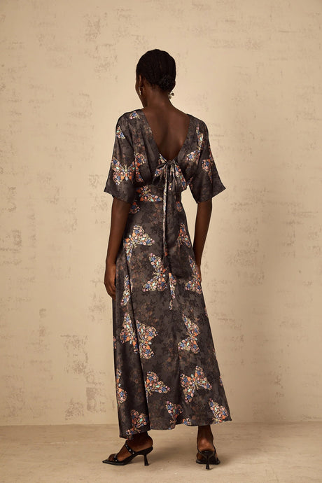 Glannon Womens Black SelfTie Butterfly Print Maxi Dress