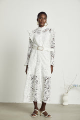 Gloria Floral Midi Dress - Long Sleeves - Chic Cutout Design - Belted Waist - Front Button Fastening