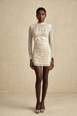 Gloria Mini Dress - Long Sleeves - Crystal Embellishment - Draped Design - Rear Zip Fastening