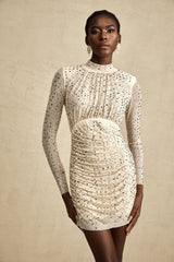 Gloria Mini Dress - Long Sleeves - Crystal Embellishment - Draped Design - Rear Zip Fastening
