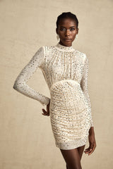 Gloria Mini Dress - Long Sleeves - Crystal Embellishment - Draped Design - Rear Zip Fastening