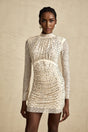 Gloria Mini Dress - Long Sleeves - Crystal Embellishment - Draped Design - Rear Zip Fastening