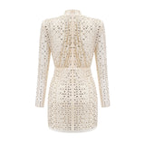 Gloria Mini Dress - Long Sleeves - Crystal Embellishment - Draped Design - Rear Zip Fastening