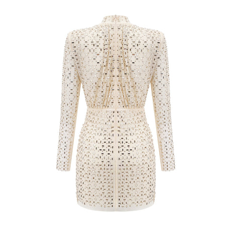 Gloria Mini Dress - Long Sleeves - Crystal Embellishment - Draped Design - Rear Zip Fastening