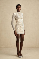 Gloria Mini Dress - Long Sleeves - Crystal Embellishment - Draped Design - Rear Zip Fastening