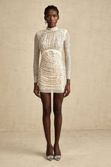 Gloria Mini Dress - Long Sleeves - Crystal Embellishment - Draped Design - Rear Zip Fastening