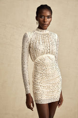 Gloria Mini Dress - Long Sleeves - Crystal Embellishment - Draped Design - Rear Zip Fastening